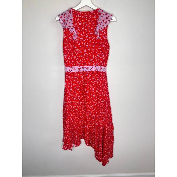 Parker Jennifer Kaia Print Ruffle Combo Wrap Midi Dress Red/Pink Women's Size 6 - Picture 6 of 10
